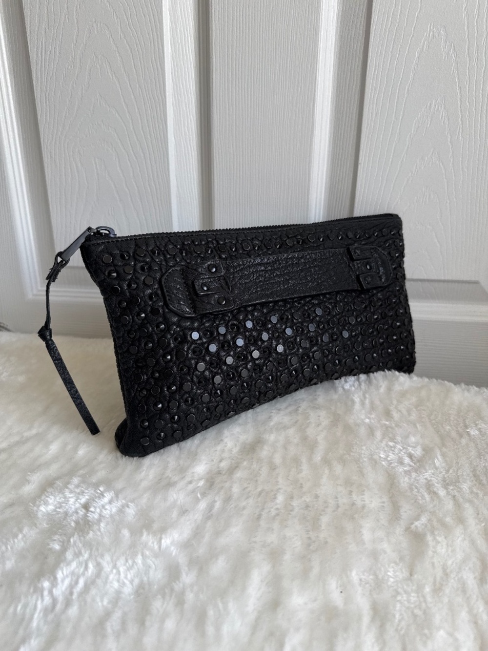 She+Lo Next Chapter Black Distressed 100% Leather Studded Clutch Purse